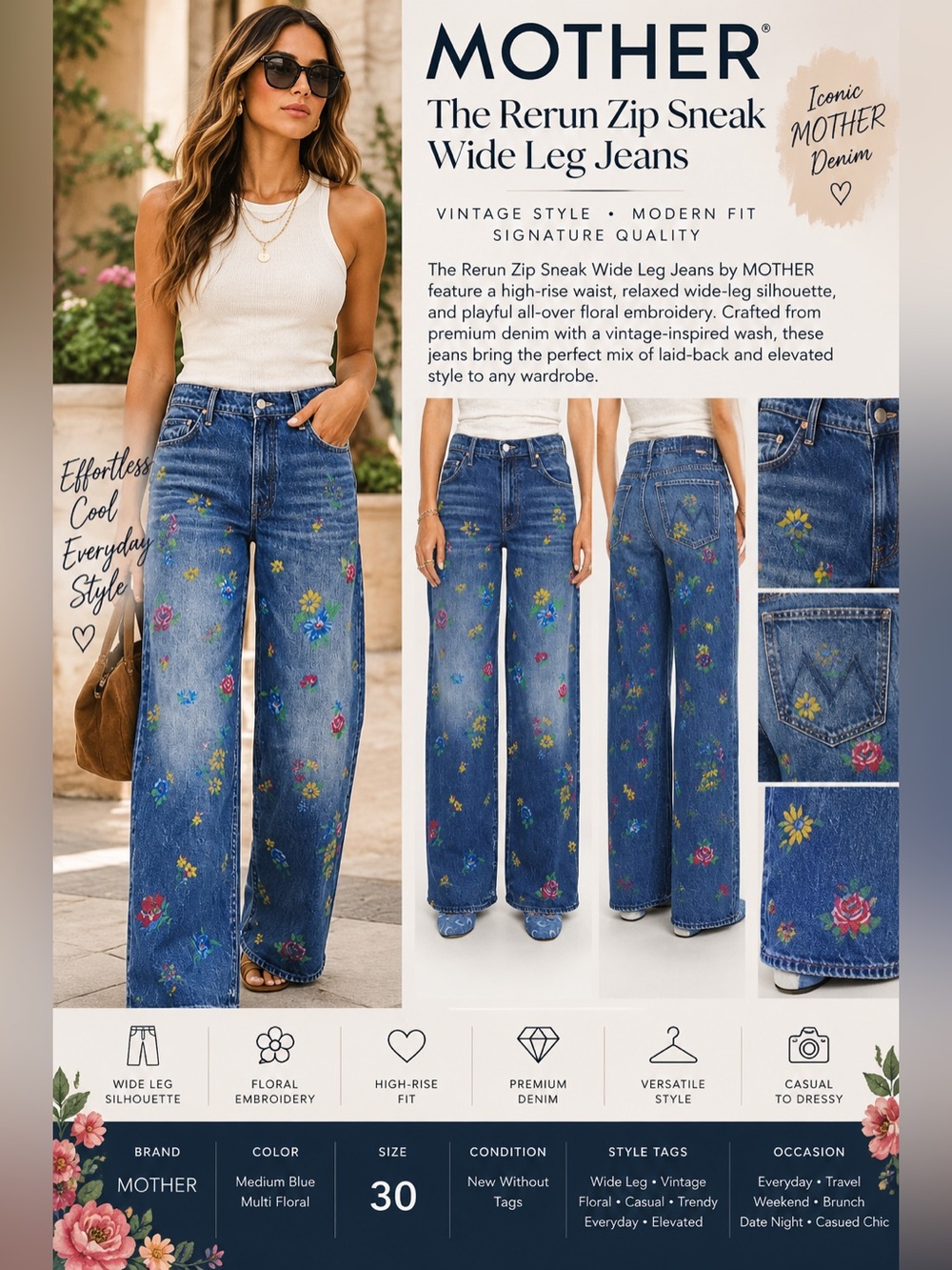 MOTHER The Rerun Zip Sneak Wide Leg Floral Jeans Size 30 NWOT